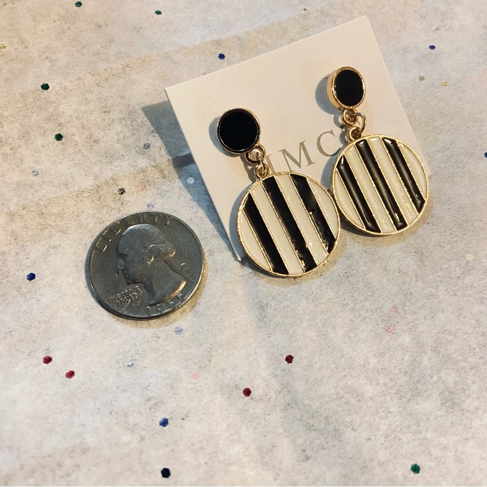 Black and White Stripe Circle Dangle Earrings - Picture 5 of 6